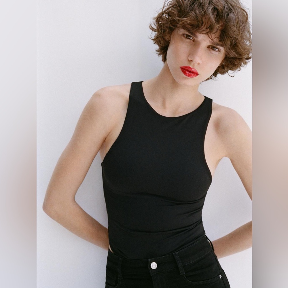 Zara Black High Neck Cheeky Bottom Stretchy Double Lined Bodysuit NEW Medium